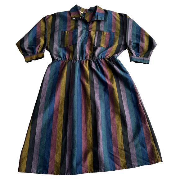 VTG Fritzi You Babes Dolman Jaquard Stripe Jewel Tone Snap Front Midi Dress M - Picture 1 of 10